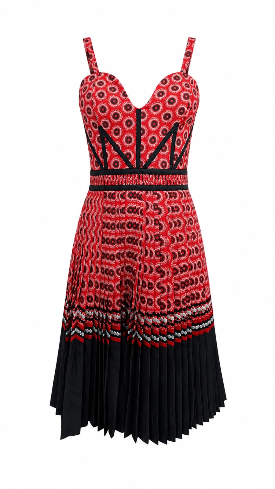 Red and black patterned dress with pleated skirt on a white background